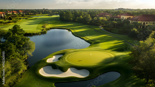 A scenic view of a golf course with water features and manicured greens.