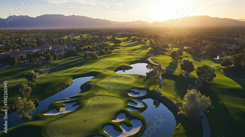 Scenic view of a golf course with water features and mountains during sunset.