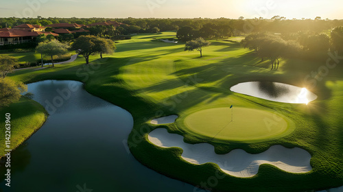 A serene golf course landscape with water features and lush greenery at sunset.