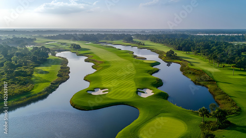 Aerial view of a scenic golf course with water features and lush green fairways.