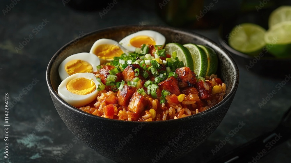 A creative shot of a curry rice bowl with colorful toppings, such as boiled eggs, green onions, and lime, set against a dark background to enhance its vibrant colors. A creative shot of a curry rice bowl with colorful toppings, such as boiled eggs, green onions, and lime, set against a dark background to enhance its vibrant colors.