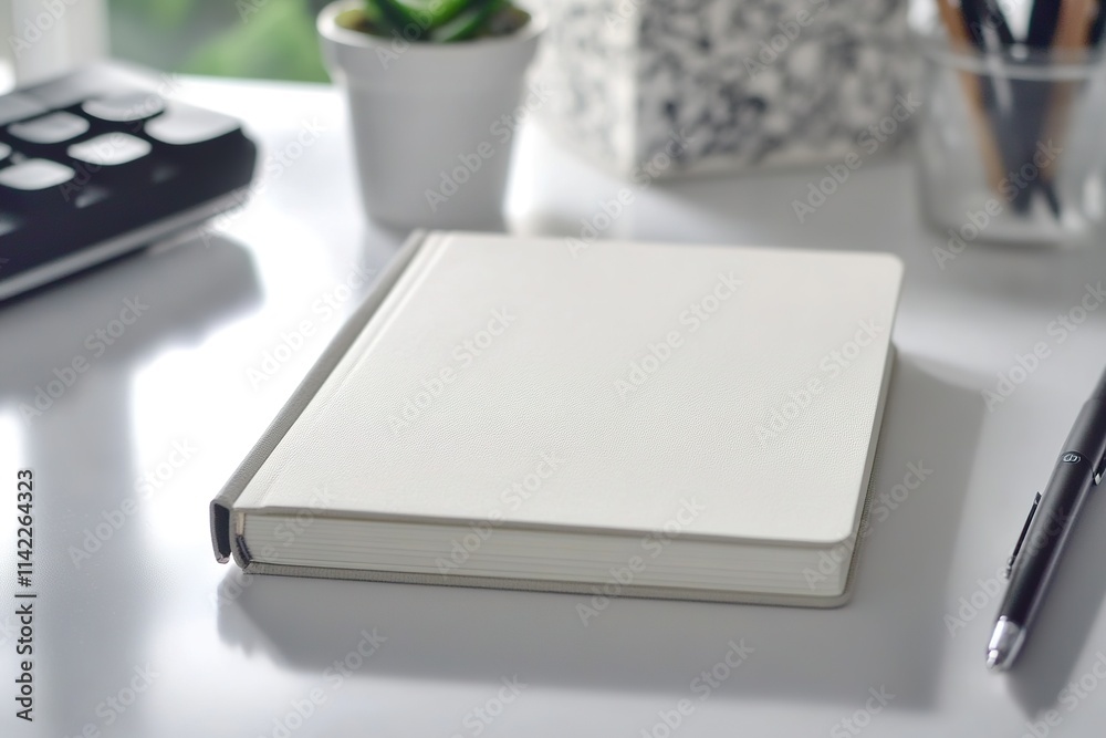 Blank notebook on desk with pen and calculator Blank notebook on desk with pen and calculator