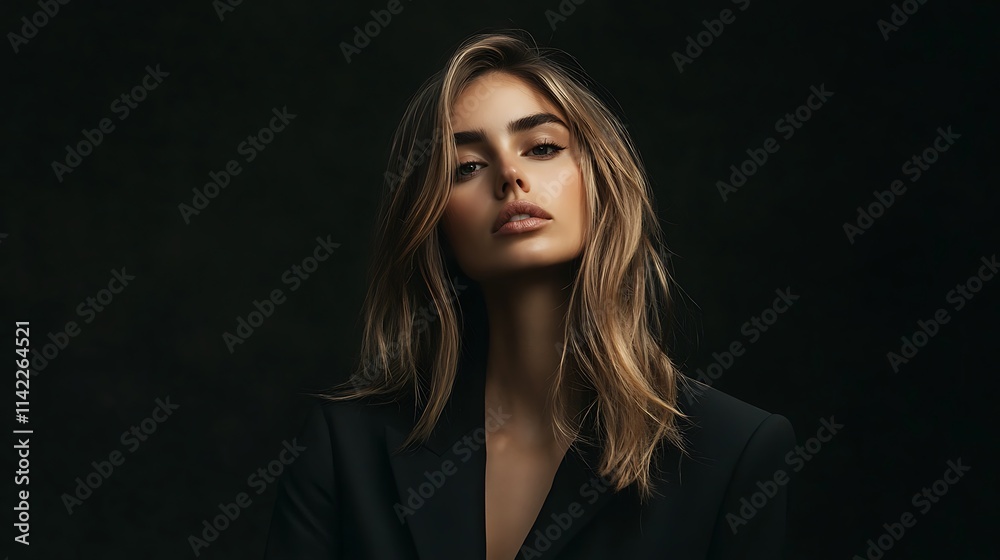 Fototapeta premium Female model in chic all black outfit, posing confidently under moody, dark lighting