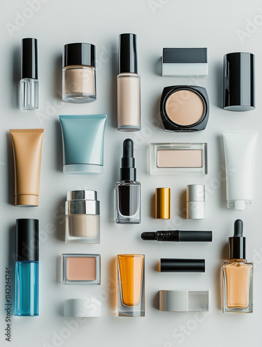 Flat lay of assorted beauty products and cosmetics on a light background