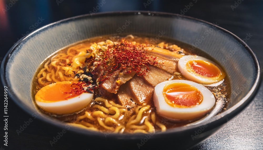 close-up of spicy ramen with soft-boiled eggs, tender pork slices, chili flakes, and rich broth served in a black bowl
close-up of spicy ramen with soft-boiled eggs, tender pork slices, chili flakes, and rich broth served in a black bowl