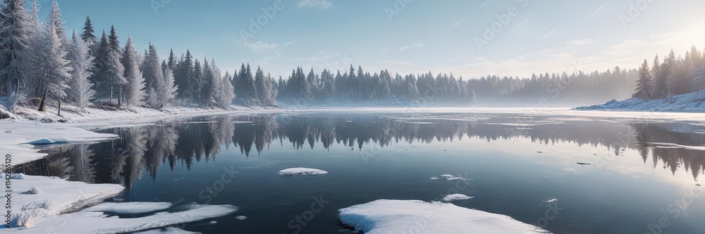 Winter landscape with icy frost on a frozen lake, freeze frame, ice and snow, frosty winter Winter landscape with icy frost on a frozen lake, freeze frame, ice and snow, frosty winter