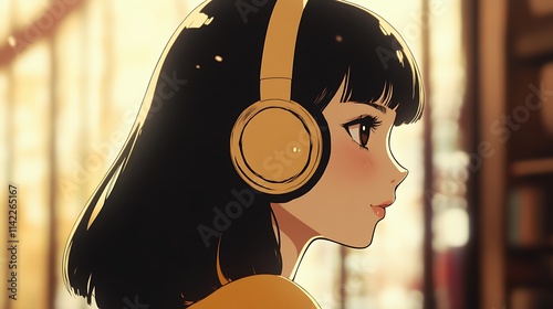 Anime style girl listening to music with headphones in a manga animation scene