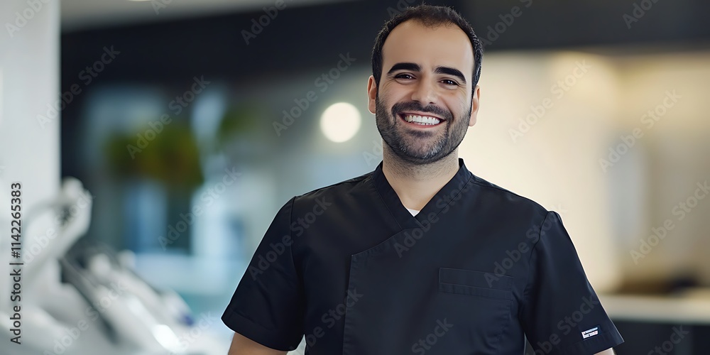 Portrait of a male dentist standing proudly in a dental office, smiling