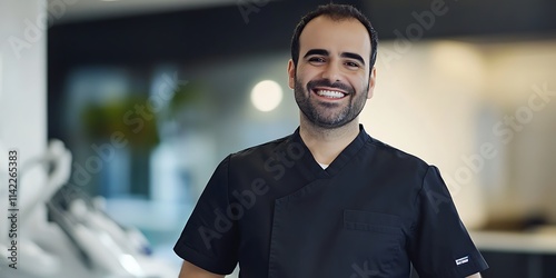 Obraz na płótnie Portrait of a male dentist standing proudly in a dental office, smiling w salonie