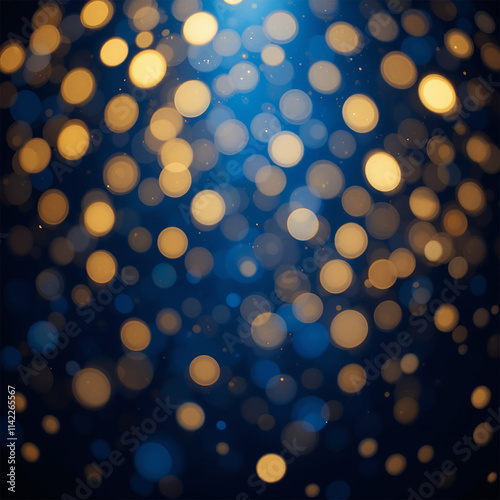 Abstract dark blue and gold particle background with Christmas golden light bokeh