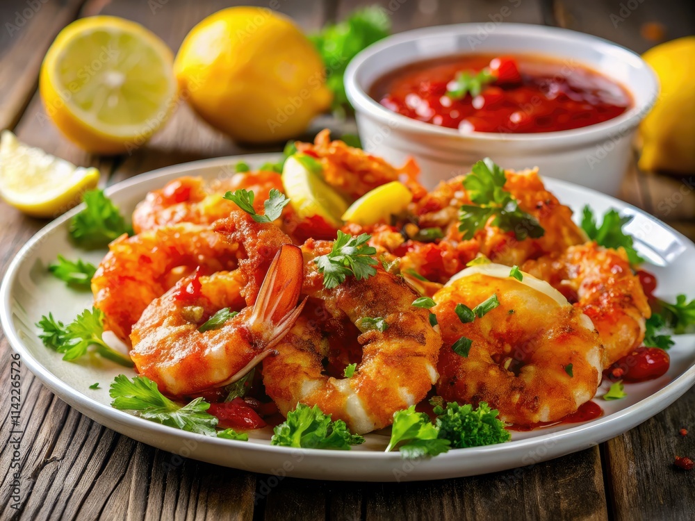 Scrumptious crispy shrimp plate: a gourmet seafood appetizer beautifully captured in appetizing photography. Scrumptious crispy shrimp plate: a gourmet seafood appetizer beautifully captured in appetizing photography.