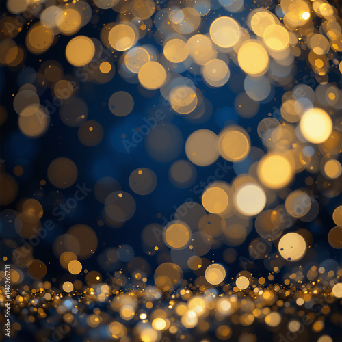 Abstract dark blue and gold particle background with Christmas golden light bokeh