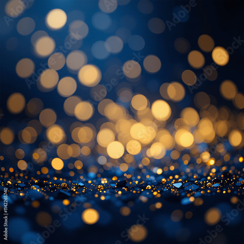 Abstract dark blue and gold particle background with Christmas golden light bokeh