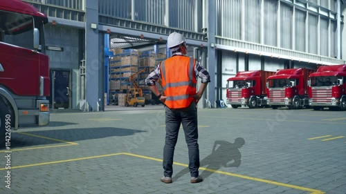 Wallpaper Mural Full Body Back View Of A Male Engineer Wearing Safety Helmet Looking Around While Standing With Arms Akimbo , Outside of Logistics Distributions Warehouse Torontodigital.ca