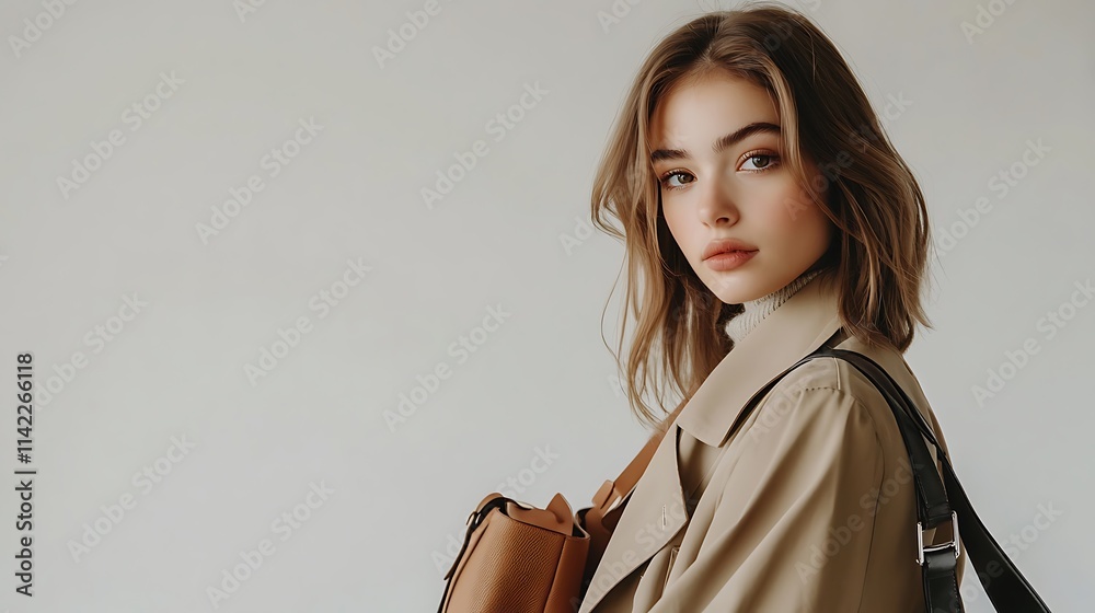 Stylish female model in chic trench coat and bag, clean studio pose