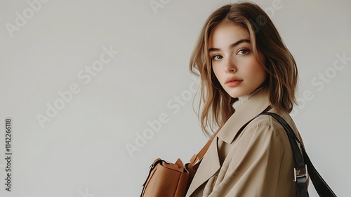 Obraz na płótnie Stylish female model in chic trench coat and bag, clean studio pose w salonie