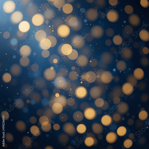 Abstract dark blue and gold particle background with Christmas golden light bokeh
