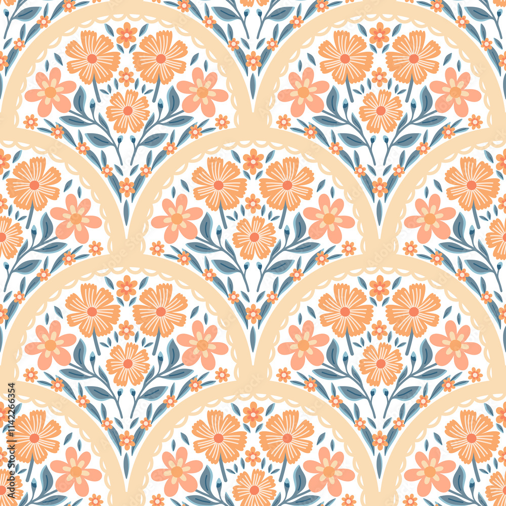 Fototapeta premium Floral arch seamless pattern. Scallop half circle geometrical botanical ornament. Art nouveau stylized hand drawn small orange color flowers and leaves on white background. Repeat allover backdrop