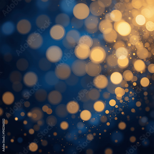 Abstract dark blue and gold particle background with Christmas golden light bokeh
