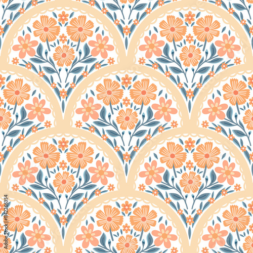 Floral arch seamless pattern. Scallop half circle geometrical botanical ornament. Art nouveau stylized hand drawn small orange color flowers and leaves on white background. Repeat allover backdrop