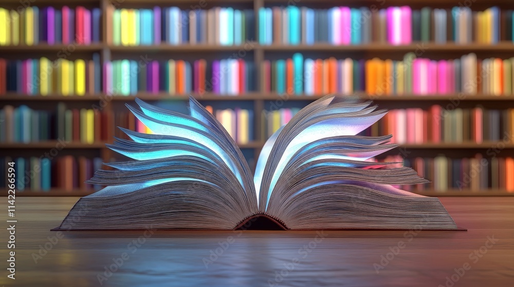 Open Book on a Wooden Table with Blurred Library Open Book on a Wooden Table with Blurred Library