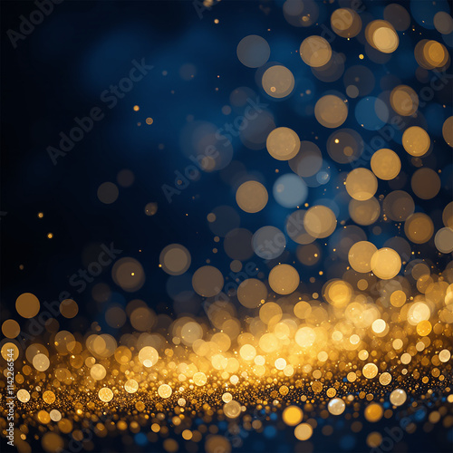 Abstract dark blue and gold particle background with Christmas golden light bokeh