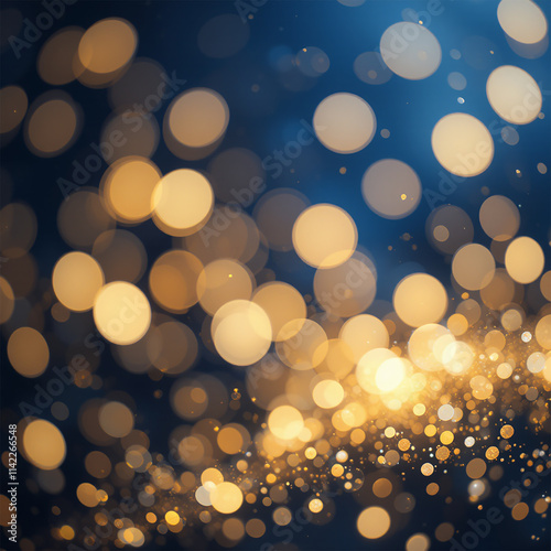 Abstract dark blue and gold particle background with Christmas golden light bokeh