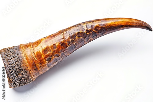 Curved horn with textured surface on white photo