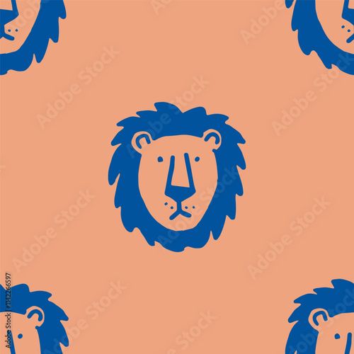 Seamless vector pattern with cute draw fluffy lion, paws. Simple doodle style.	
