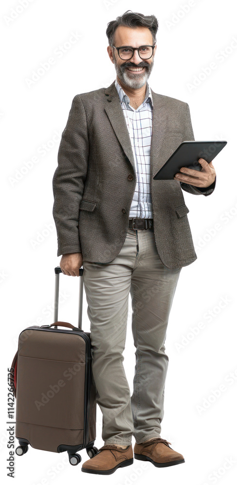 PNG A happy travel business man in casual suit suitcase tablet male. PNG A happy travel business man in casual suit suitcase tablet male.