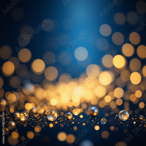 Abstract dark blue and gold particle background with Christmas golden light bokeh