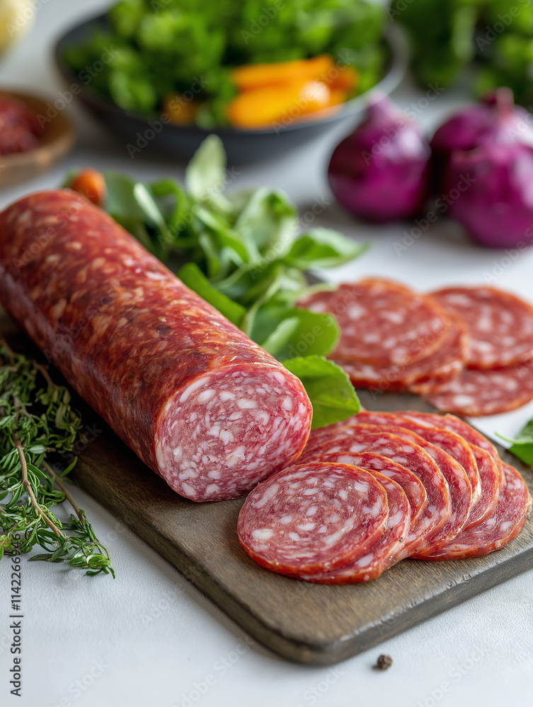 Sliced salami on a wooden board with fresh herbs and vegetables in the background Sliced salami on a wooden board with fresh herbs and vegetables in the background