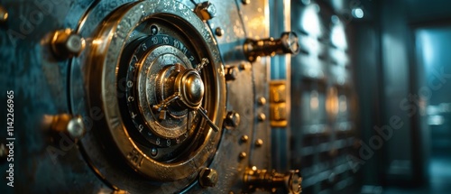 A close-up image of a large, robust safe with a combination lock, surrounded by others of various sizes. The scene conveys a sense of security and reliability with a warm glow and golden elements.