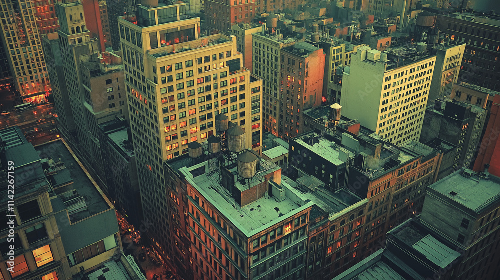 Aerial View of Dense Urban Cityscape with Rooftop Water Towers at Twilight