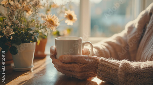 Elderly person holding a cup of tea or coffee with flowers on a wooden table in soft light