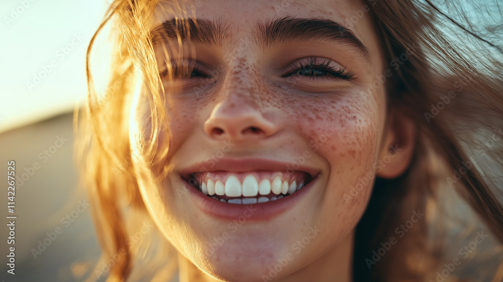 Close-Up of Smiling Young Woman with Freckles in Warm Golden Light