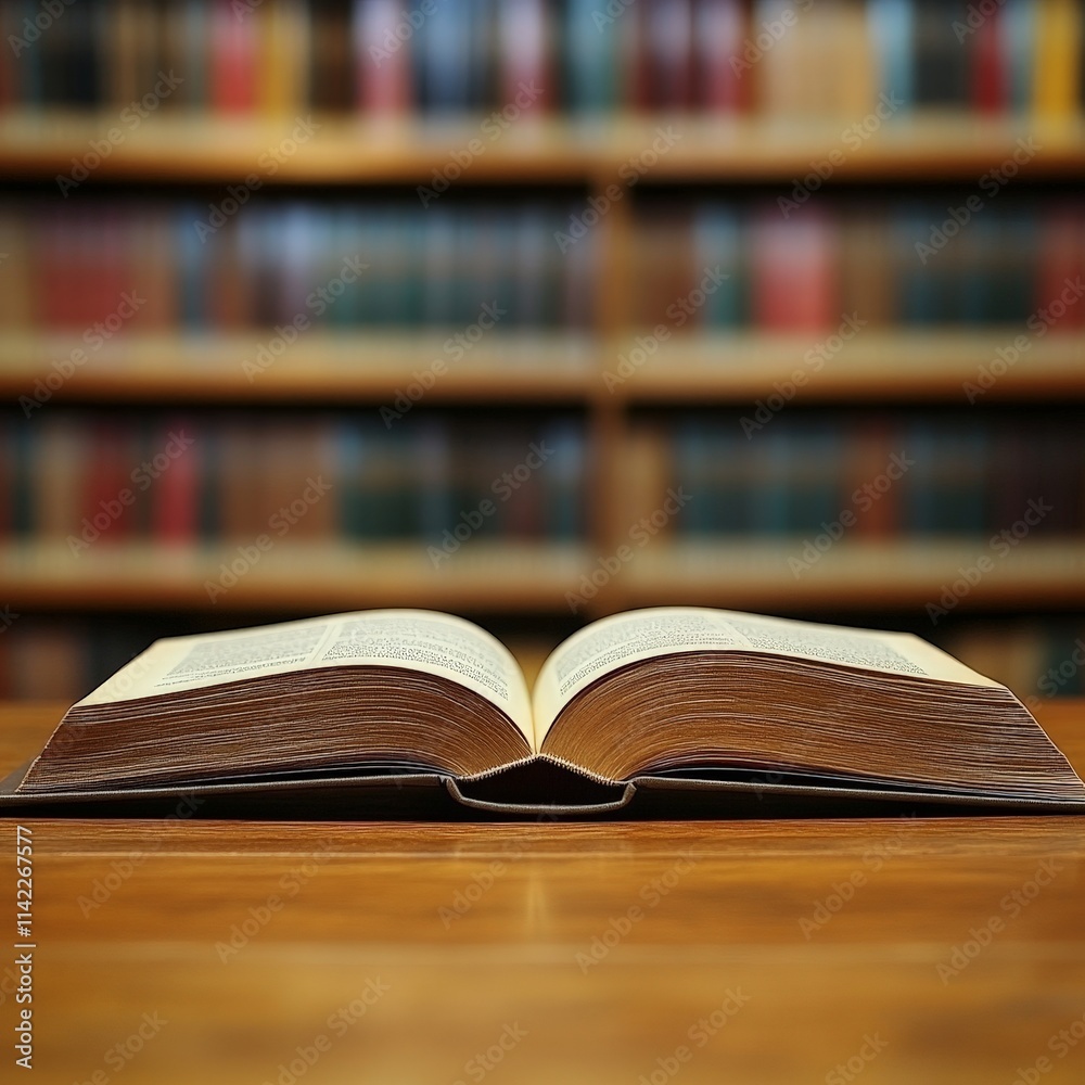 Open Book on a Wooden Table with Blurred Library Open Book on a Wooden Table with Blurred Library
