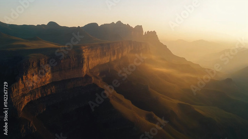 Majestic Mountain Cliffs at Sunrise with Golden Light and Misty Valleys