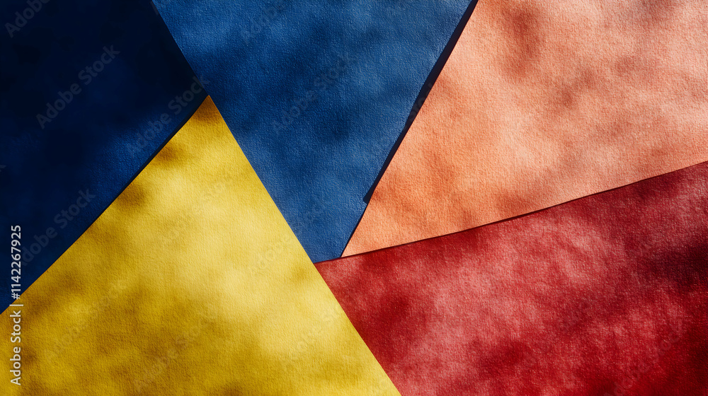 Abstract textured background featuring overlapping triangles of deep blue, burnt orange, golden yellow, and deep red. Ideal for design projects needing rich color and texture. Abstract textured background featuring overlapping triangles of deep blue, burnt orange, golden yellow, and deep red. Ideal for design projects needing rich color and texture.