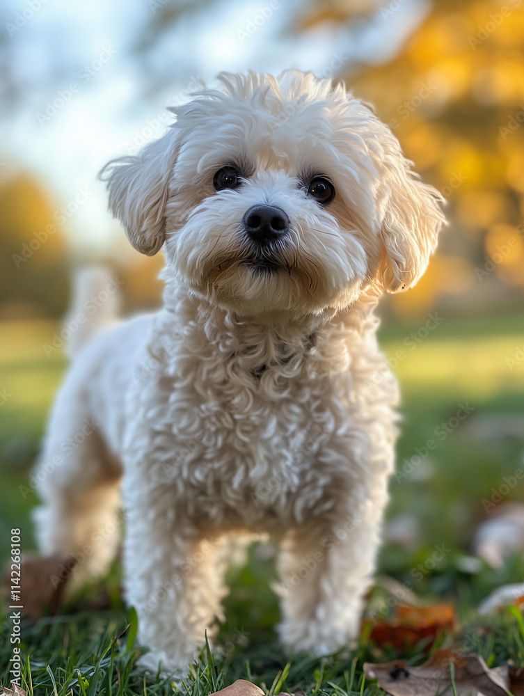 Fluffy white dog standing on grass in a beautiful autumn park Fluffy white dog standing on grass in a beautiful autumn park