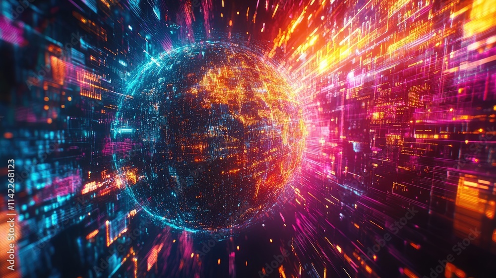A digital grid forming a globe-like structure with light beams representing data flows, top view, emphasizing the digital transformation of the world, robotic tone, Triadic Color Scheme A digital grid forming a globe-like structure with light beams representing data flows, top view, emphasizing the digital transformation of the world, robotic tone, Triadic Color Scheme