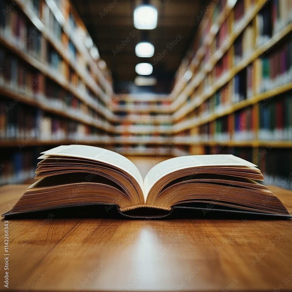 Open Book on a Wooden Table with Blurred Library Open Book on a Wooden Table with Blurred Library