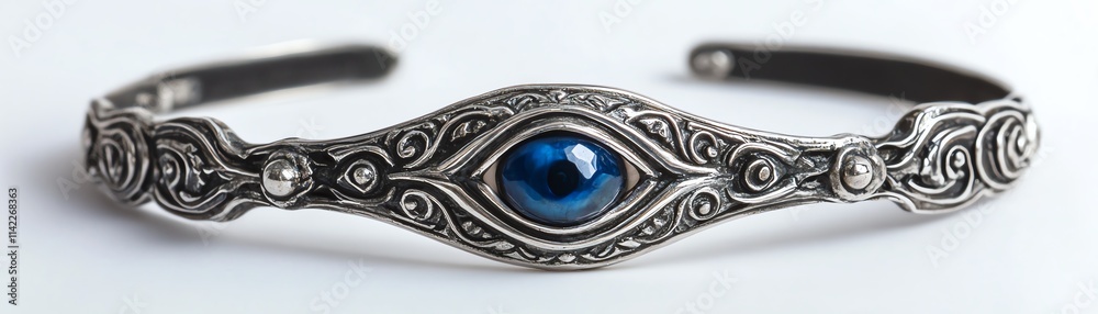 Elegant silver bracelet with intricate design and blue gemstone centerpiece. Elegant silver bracelet with intricate design and blue gemstone centerpiece.
