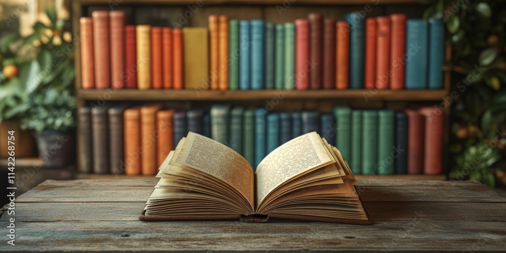 Open Book on a Wooden Table with Blurred Library Open Book on a Wooden Table with Blurred Library