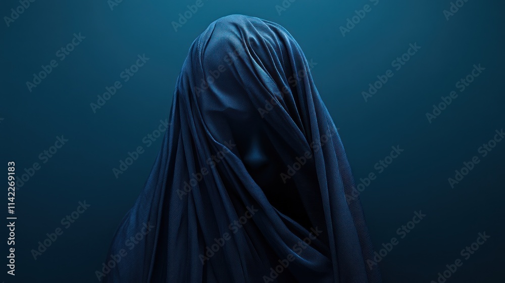 Mysterious figure shrouded in dark blue fabric, creating a sense of enigma and mystery. Mysterious figure shrouded in dark blue fabric, creating a sense of enigma and mystery.