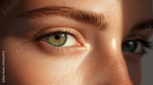 Close-up view of a person's eye highlighting unique green iris and detailed features in soft natural light