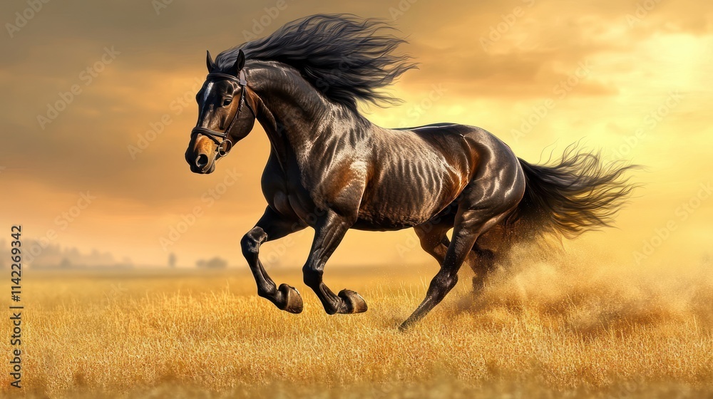 Black horse with flowing mane runs in field at sunset.