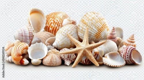 A Beautiful Collection of Seashells and Starfish Displayed on a Light Background, Perfect for Coastal Decor and Summer Themes in Photography and Design Projects photo