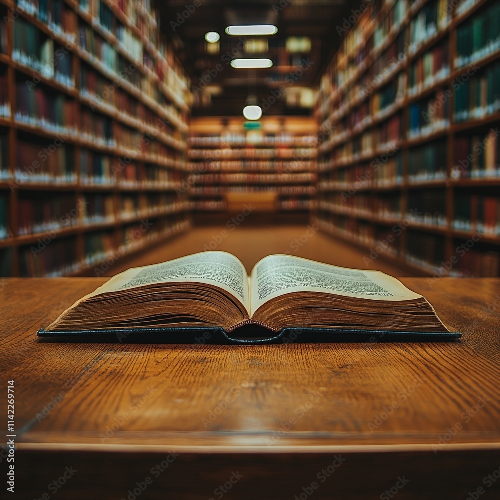 Open Book on a Wooden Table with Blurred Library Open Book on a Wooden Table with Blurred Library