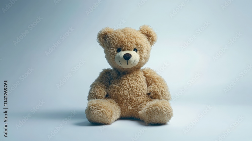 Obraz premium Cute and Adorable Plush Teddy Bear Sitting on a Light Background, Perfect for Child's Room, Gifts, and Soft Toy Collections